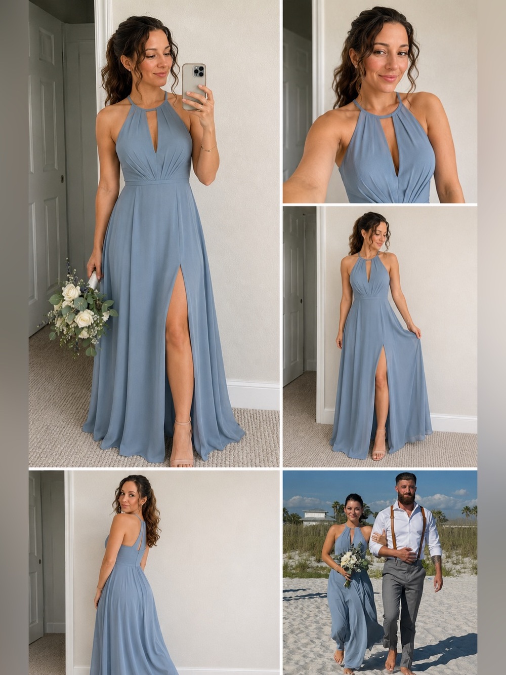 Azazie Dusty Blue Halter Maxi Dress with Front Slit